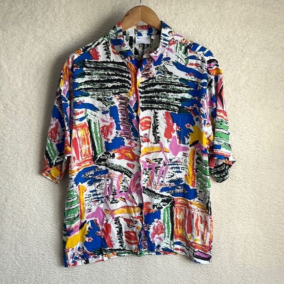 Asos Design Shirt Mens XS White Blue Pink Print‎ Button Down Short Sleeve - Picture 1 of 7